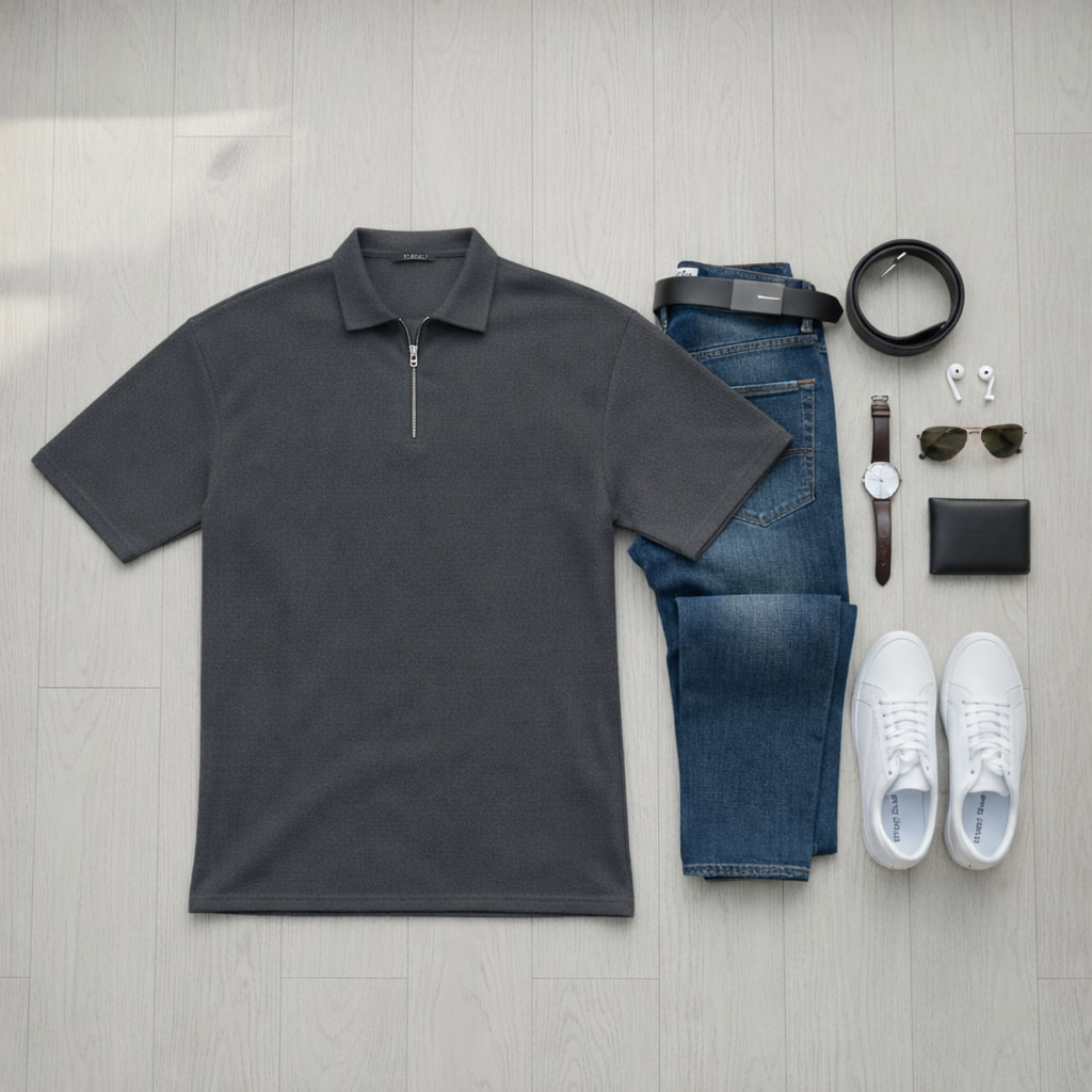 تیشرت مردانه یقه زیپ دار طوسی تیره مدل Arban-طوسی تیره